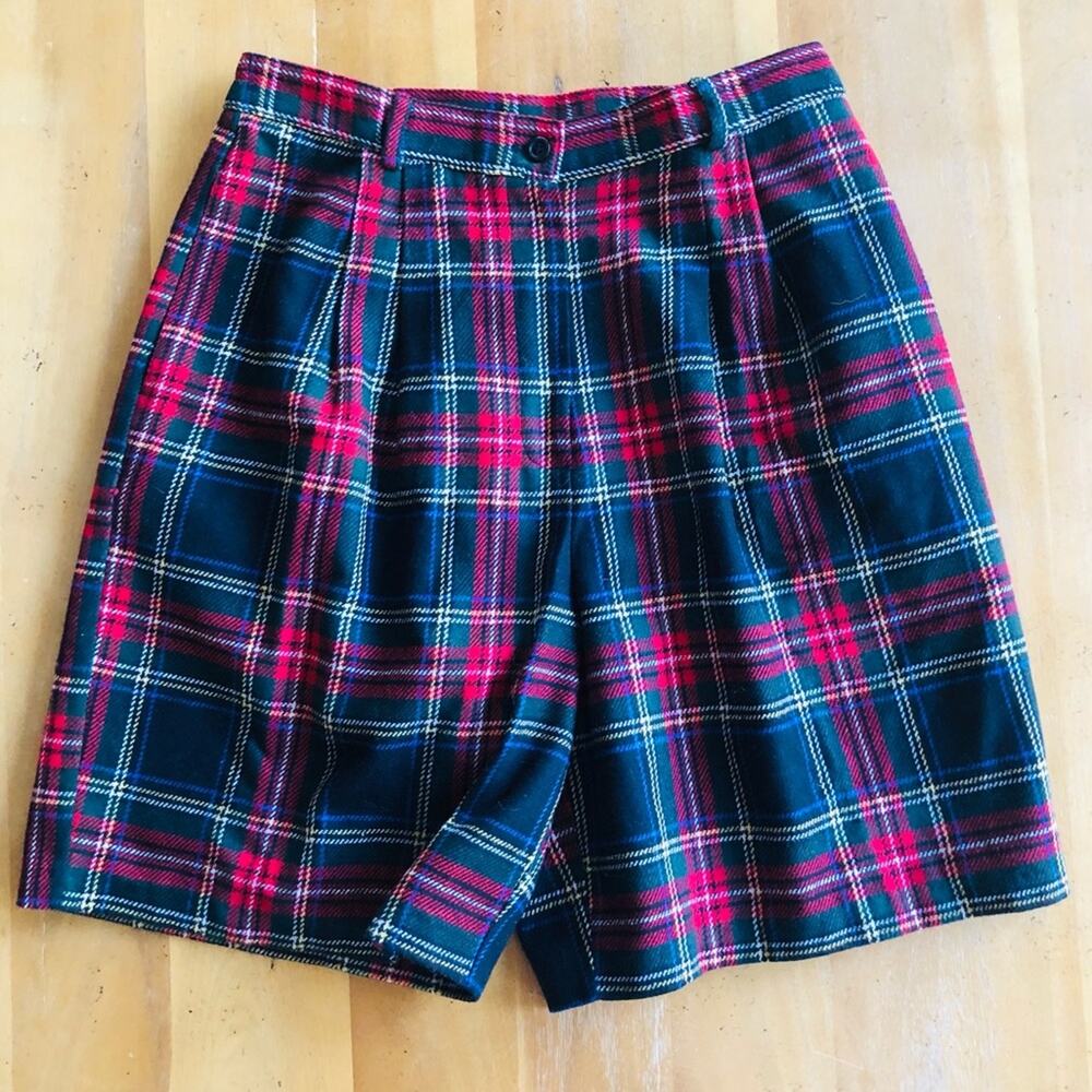 Vintage Plaid Wool High Waisted Long Shorts Red Green Tartan Christmas Large EUC